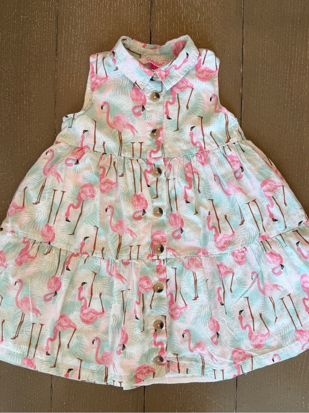 RuffleButts Girls Beachy & Tropical “Vibrant Flamingo Tiered Shirt Dress” Size 5